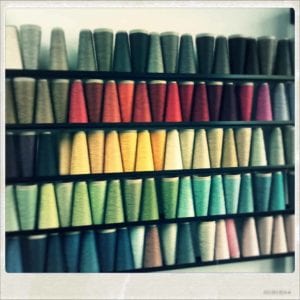 wall display of linen yarn cones