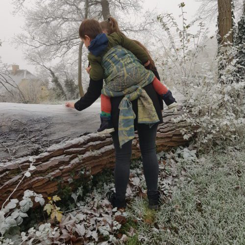 blue and green 100% organic cotton woven wrap tied in a back carry