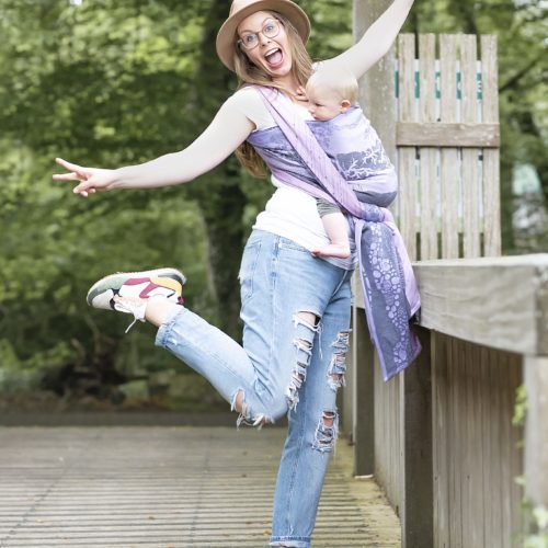 dancing mum with baby in lilac grey woven wrap