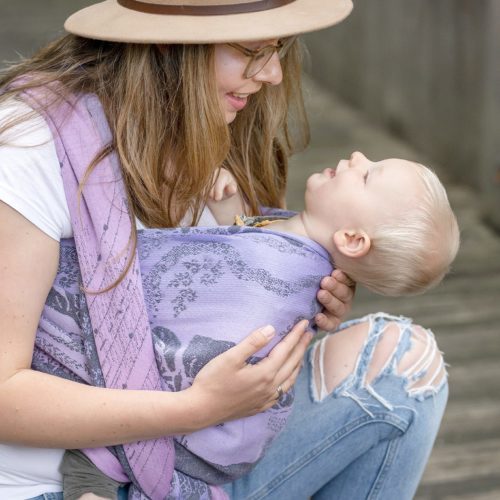mum and smiling baby in lilac grey woven wrap