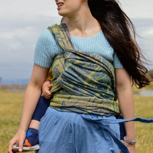 blue and green 100% organic cotton woven wrap tied in a back carry