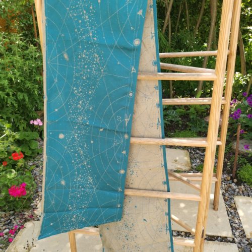 teal and gold scarf with a star map constellation pattern