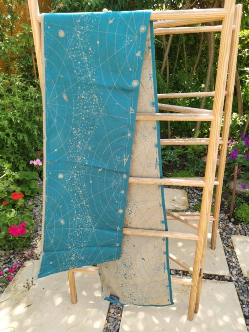 teal and gold scarf with a star map constellation pattern