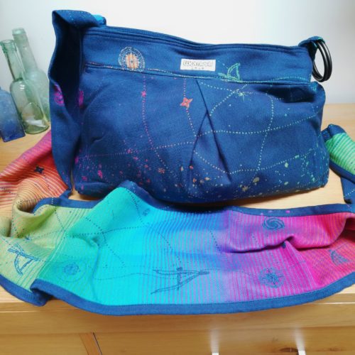 rainbow and navy babywearing bag