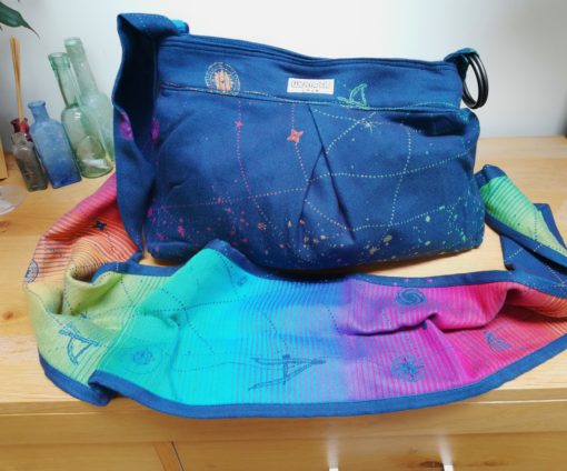 rainbow and navy babywearing bag