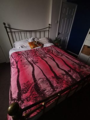 pink and burgundy birch forest patterned blanket