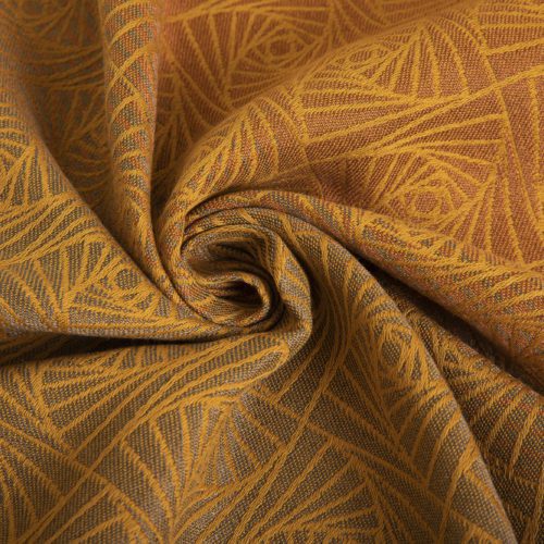 woven wraps feature a geometric design in a shimmery gradient of russet and brown supersoft linens against warm mustard-gold cotton for understated elegance