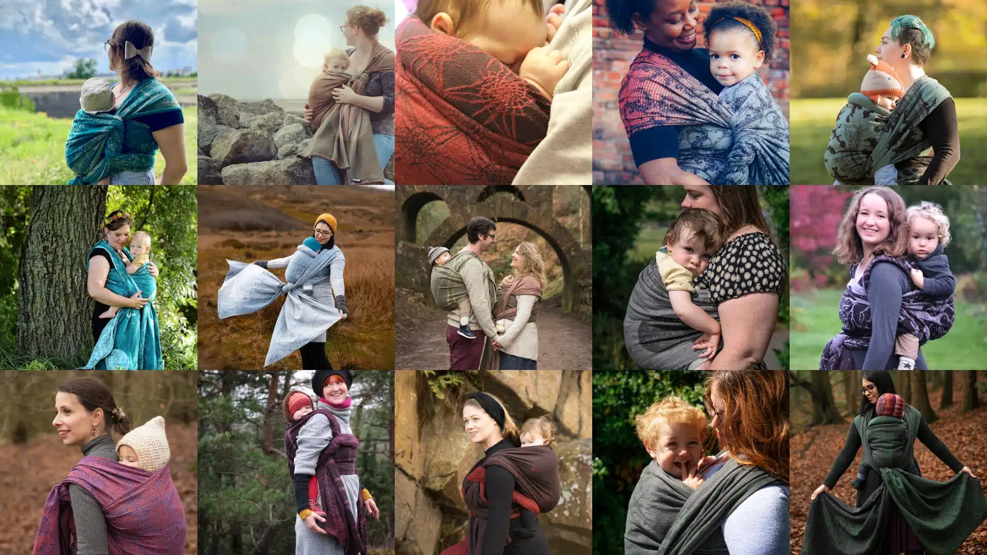 image showing a collage of women wearing their babies in Firespiral woven wraps